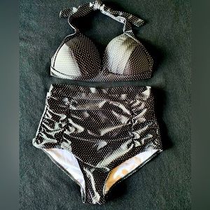 Black and white polka dots high waist bikini set.